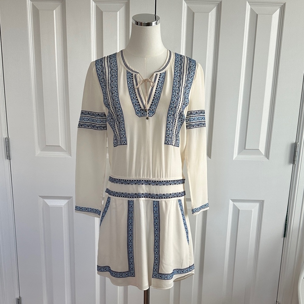 Veronica Beard Ignacio Silk White Blue Embroidered Tunic Boho Mini Dress Size 2